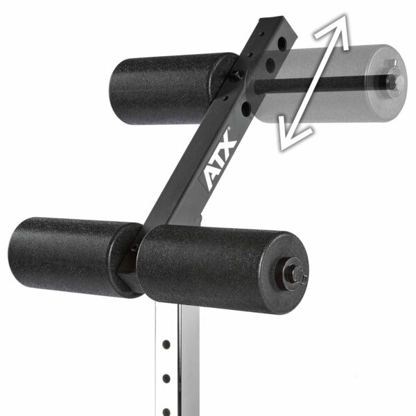 The ATX® AB Attachment is adjustable gym equipment with a metal frame and padded rollers for leg exercises. The image shows an arrow indicating the top rollers movement, and the brand name ATX appears on the frame.