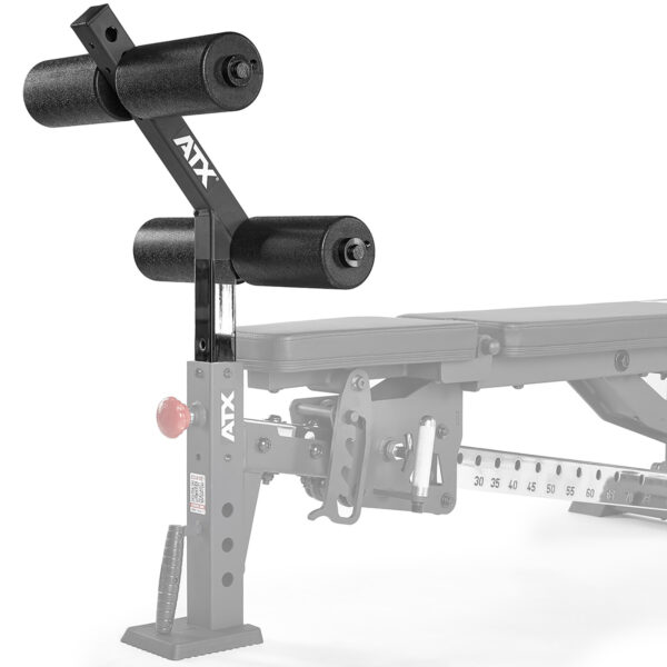 The ATX® AB Attachment is an adjustable weight bench with a leg extension featuring foam rollers, set on a metal frame with a numbered incline mechanism and ATX labeling.