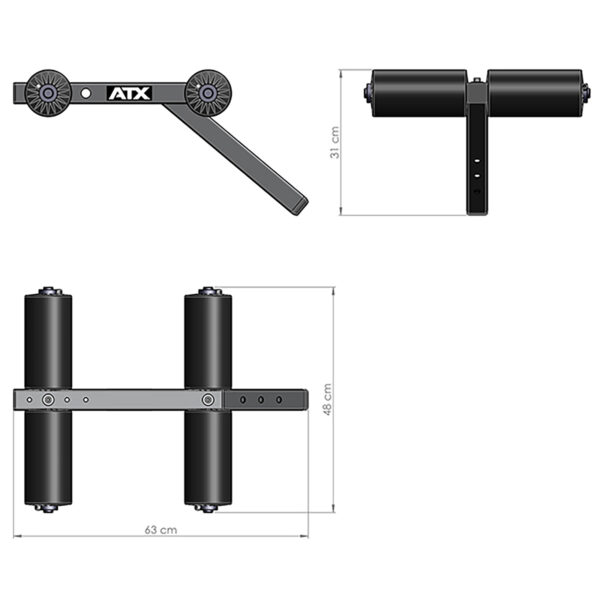 Illustration of the ATX® AB Attachment gym equipment shows three views: A top-down view with two black cylindrical foam rollers in a metal frame, a side view featuring a lever arm with measurements of 31 cm and 48 cm, and a front view measuring 63 cm.