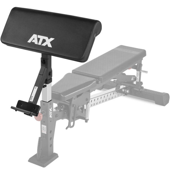 The ATX Bicep Curl Pad features padding and an optional attachment for arms or legs. Its sleek design includes a branded cushion at one end and a measurement guide on the adjustable section, making it ideal for home or gym workouts.