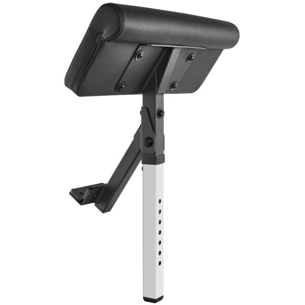 The ATX Bicep Curl Pad is an adjustable preacher curl bench attachment featuring a padded armrest and a metal support bar with multiple holes for height adjustment, designed for use with compatible weight benches.
