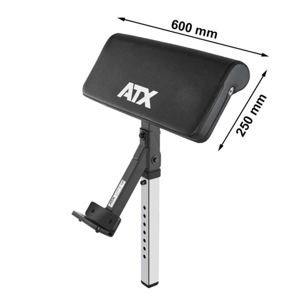 The ATX Bicep Curl Pad is a gym accessory featuring a black padded surface labeled ATX, measuring 600 mm by 250 mm. It comes with a metal support and an adjustable height mechanism.