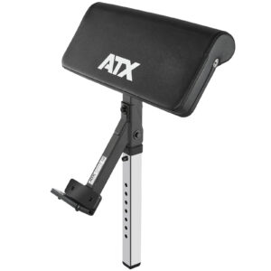The ATX Bicep Curl Pad is an adjustable preacher curl attachment with a black padded armrest, featuring a metal frame with multiple height adjustment holes and a bracket for bench attachment.