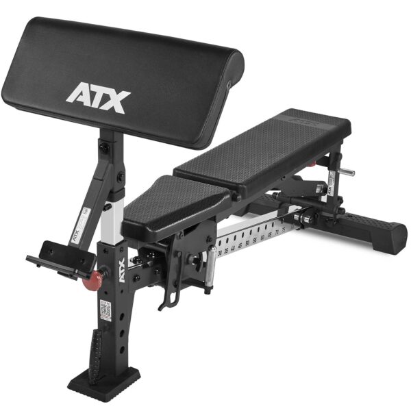 ATX Bicep Curl Pad: This adjustable weight bench features a black padded seat and backrest with incline, decline, and flat settings. It has a sturdy metal frame offering multiple adjustment options for varied exercises.