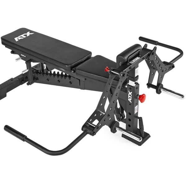 The ATX® Pec-Fly Attachment is a black adjustable bench with a padded seat and backrest, featuring various handles for exercises. It has a metallic frame, red adjustment knobs, and ATX branding.