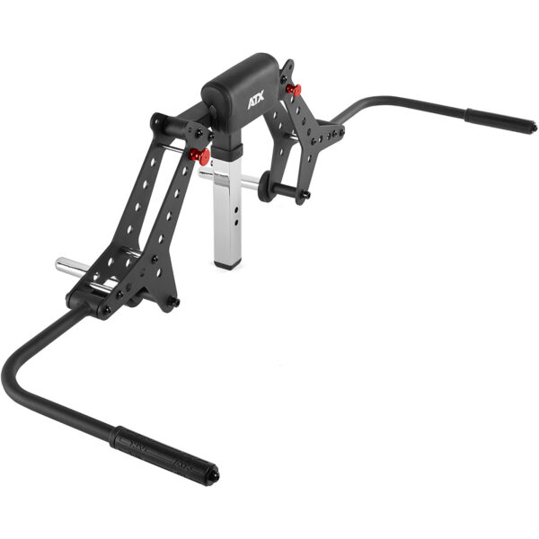 The ATX® Pec-Fly Attachment is a sleek, primarily black gym accessory with an adjustable padded area, multiple adjustment holes, and two extended handles. It features metal components for durability and is ideal for pull exercises.