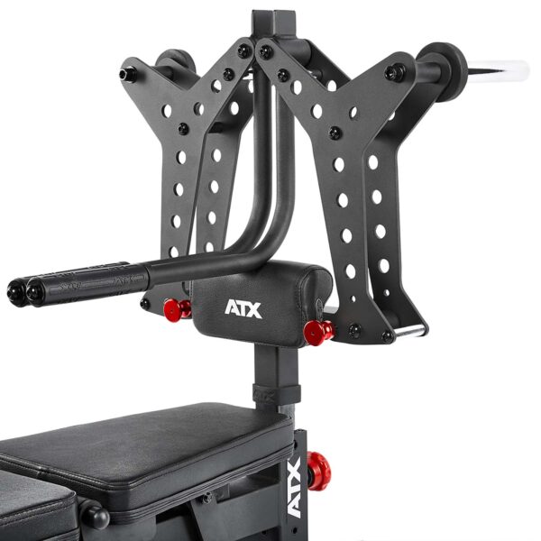 A close-up of the ATX® Pec-Fly Attachment in black, showcasing adjustable components for weightlifting. This attachment includes multiple holes for customization and mounts to a padded bench, perfect for strength training exercises.