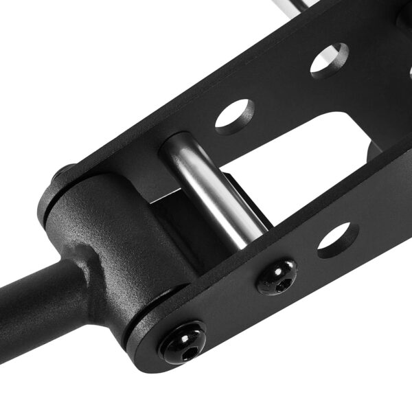 The ATX® Pec-Fly Attachment showcases a close-up of a black metal hinge with a pin, circular mounting holes, and two visible screws, exemplifying its sturdy construction suited for industrial or heavy-duty use.