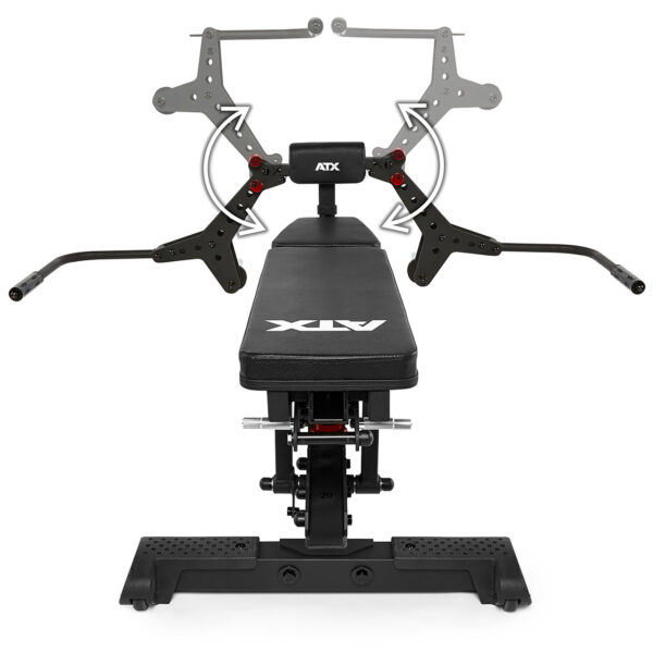 The ATX® Pec-Fly Attachment is a black adjustable weight bench featuring labeled pivot points, a backrest with ATX branding, and multiple adjustable arms with bars for versatile exercises.