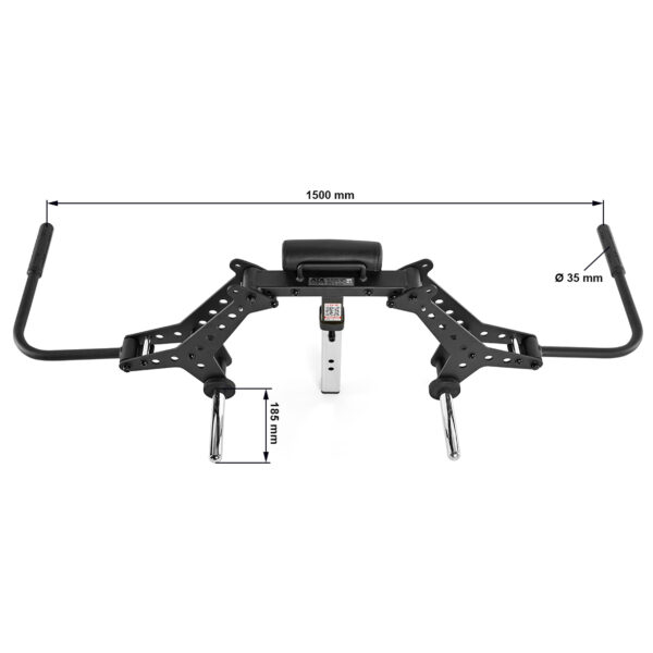 The ATX® Pec-Fly Attachment features a metal frame, cushioned back support, and two handles. Designed for exercise machines, it includes grips and multiple mounting points. Dimensions are 1500 mm wide, 186 mm high, with a handle diameter of 35 mm.