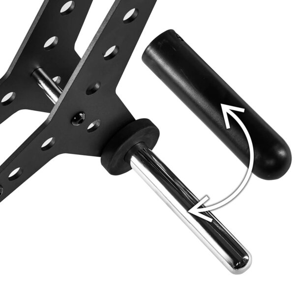 Close-up of an ATX® Pec-Fly Attachment, a black adjustable metal bracket with multiple holes and a detachable cylindrical handle. An arrow shows the handles movement direction against a white background.
