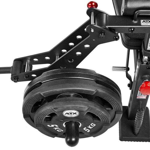 Close-up of an ATX® Pec-Fly Attachment with multiple 5 KG black weight plates on a horizontal bar. It features various levers and handles, suitable for gym or workout setups.