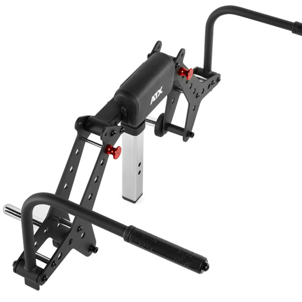 The ATX® Pec-Fly Attachment is a versatile gym equipment piece with padded support, a metal frame, handles, and red adjustment knobs. Its designed for various strength training exercises and features a black and silver color scheme.