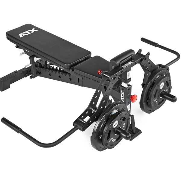 The ATX® Pec-Fly Attachment is a black, adjustable weight bench featuring a padded seat and backrest. It includes two weight-loaded lever arms with multiple weight plates on a sturdy metal frame, perfect for gym or home workouts.