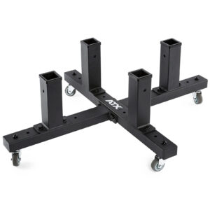 A black ATX® Attachment Storage Rack with a cross-shaped base features four vertical square posts and four caster wheels, labeled ATX at the center of the cross.
