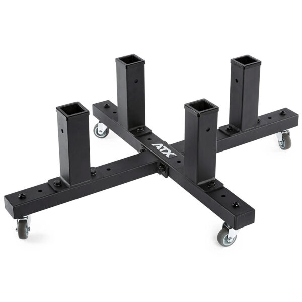 A black ATX® Attachment Storage Rack with a cross-shaped base features four vertical square posts and four caster wheels, labeled ATX at the center of the cross.