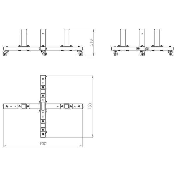 Technical drawing of the ATX® Attachment Storage Racks wheeled base support, showing front and top views with four vertical posts and a horizontal frame with caster wheels. Dimensions are labeled as 318, 730, and 930 units.