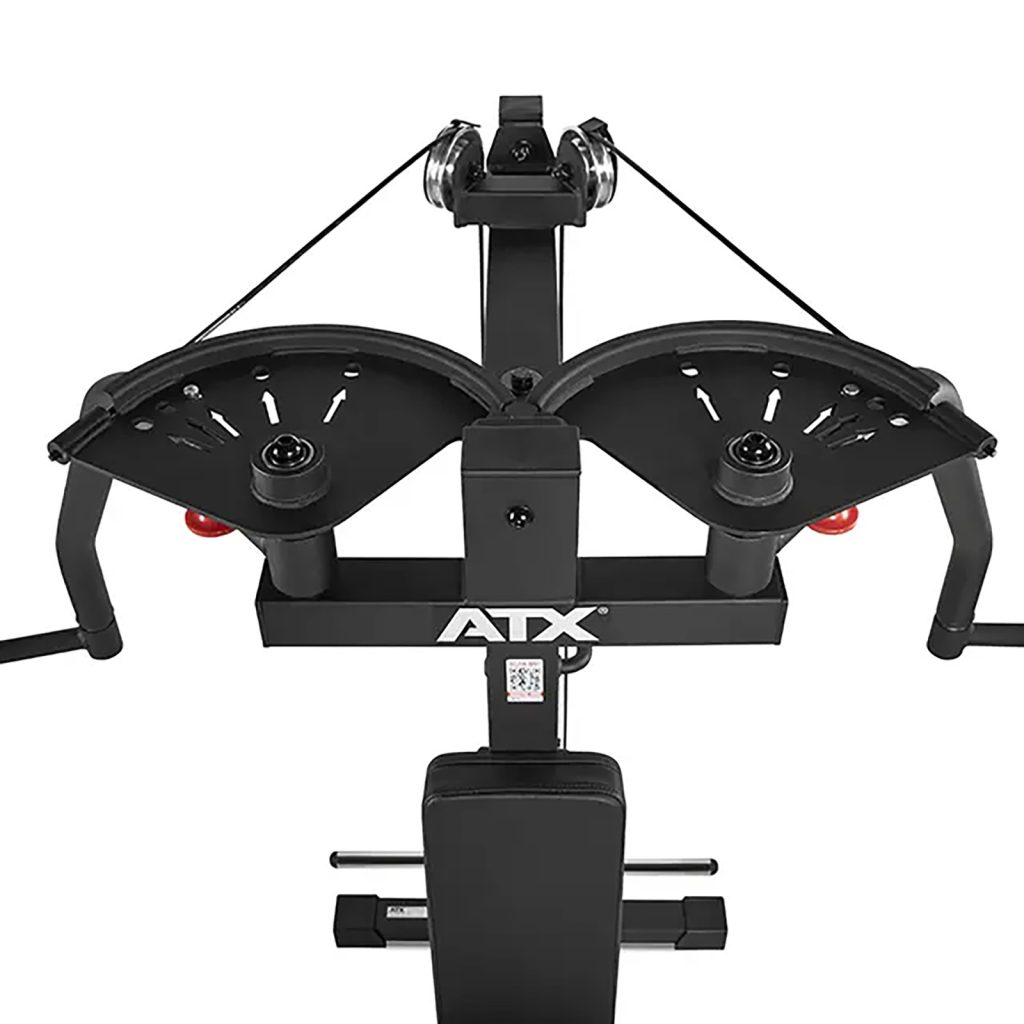 The ATX fitness machine, a versatile rear deltoid and pectoral fly machine, features two adjustable arms with multiple pulleys for cable exercises. Designed for strength training, it comes in sleek black with a padded seat to ensure user comfort.