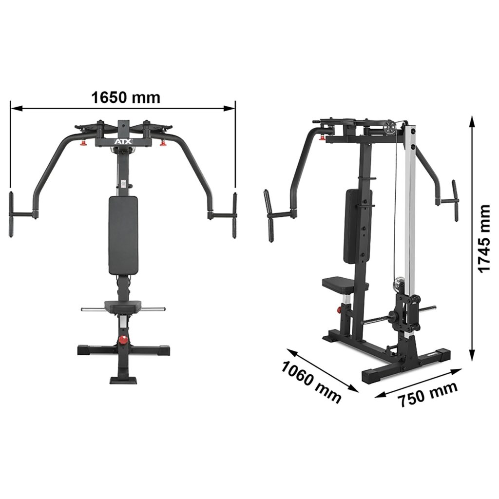 The ATX® Pec Fly/Rear Delt Machine is a multi-gym fitness equipment with side views, dimensions of 1650 mm width, 1060 mm depth, and 1745 mm height. It features a padded bench and various handles for exercises, including pectoral fly and rear deltoid workouts.