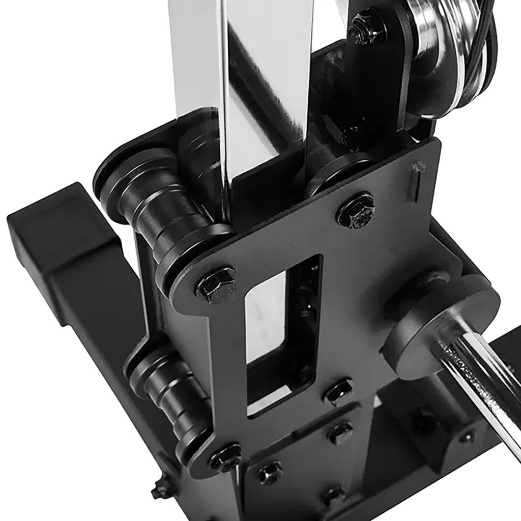 Close-up of the ATX® Pec Fly/Rear Delt Machine showcasing a vertical metal frame with wheels and bolts, a horizontal rod, and a robust black base, indicating its use for targeted muscle workouts in fitness equipment.