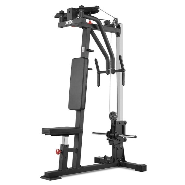 A home gym machine featuring a multi-functional workout station, including a chest flyes machine with a high pulley system. It includes an adjustable seat and backrest, with padded supports for various exercises. The frame is predominantly black with silver accents.