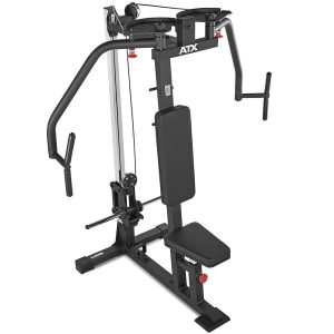 A multifunctional gym machine with a black frame and seat, designed for upper body workouts. This pectoral fly machine features adjustable pulleys and handles for exercises like chest flyes and shoulder presses.
