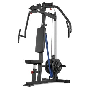 A black multi-gym machine with a padded seat and backrest, cable pulleys, and adjustable weight plates. Designed for versatile strength exercises like chest flyes and arm workouts, it features the ATX brand prominently at the top.