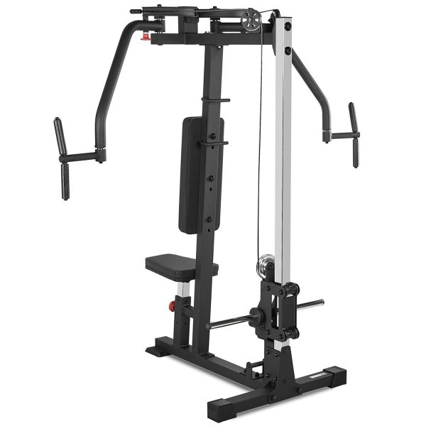 Home gym machine with padded seat, backrest, and handles. Includes a pulley system, weight stack, and adjustable arms for exercises like chest press and pec fly. This black and silver pectoral fly machine features a sturdy frame for diverse workouts.