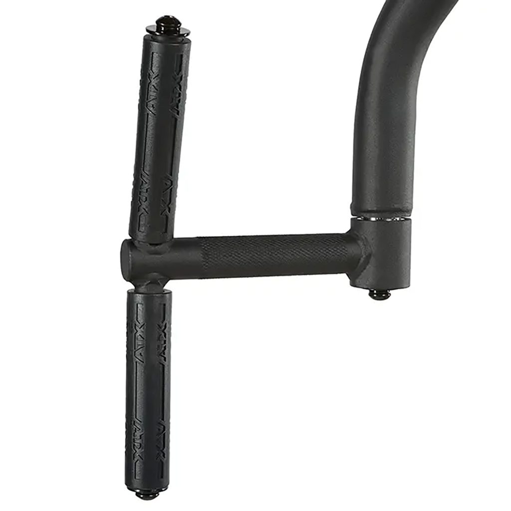 A close-up of the ATX® Pec Fly/Rear Delt Machines black handlebar shows two vertical grips with textured patterns for enhanced hold. Its minimalist, modern design emphasizes functionality and style, and the grips are securely attached to the main bar.