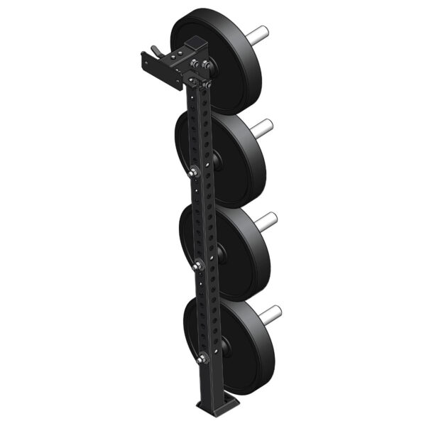 Illustration of an ATX® Wall-Mounted Weight Plate Tree featuring four black weight plates stacked vertically on pegs attached to a perforated metal frame, indicating adjustability.