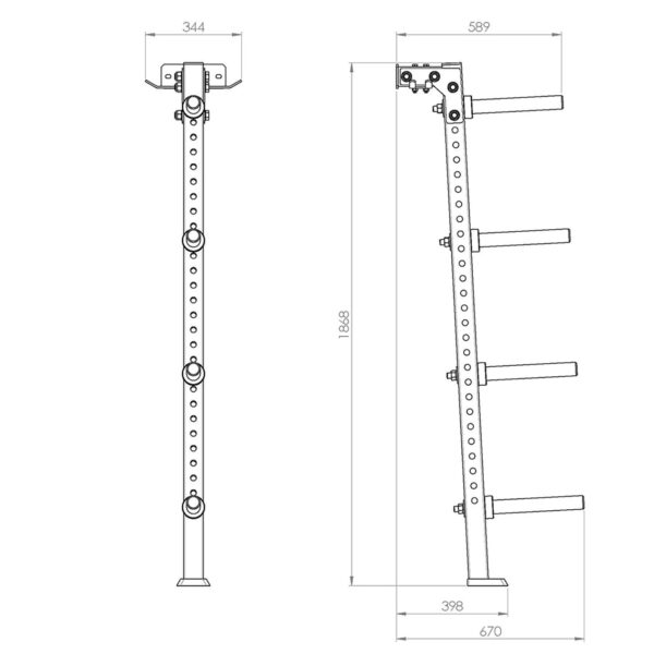 A technical diagram displays the ATX® Wall-Mounted Weight Plate Tree with front and side views, featuring multiple attachment points and horizontal arms. Measurements are labeled in millimeters.