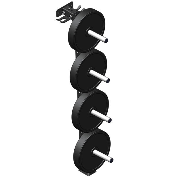 Illustration of the ATX® Wall-Mounted Weight Plate Tree with four horizontal pegs holding round dumbbell plates. The minimalist design shows it leaning to the left.