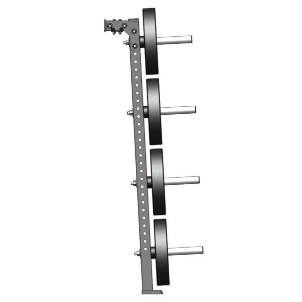Illustration of the ATX® Wall-Mounted Weight Plate Tree featuring four pegs, each holding a weight plate. The design includes a sturdy metal frame with adjustable peg holes, ideal for gym equipment storage.