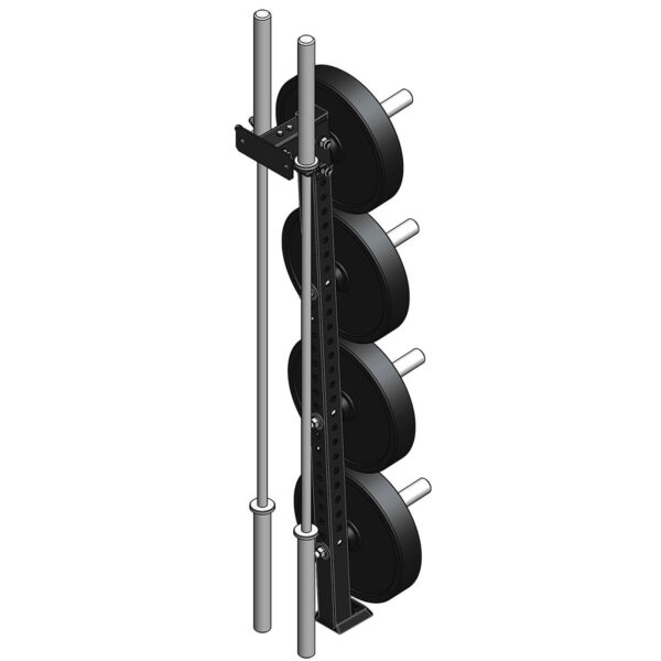 The ATX® Wall-Mounted Weight Plate Tree is shown as a minimalist vertical rack attached to a wall, designed for gym equipment organization. It features pegs that hold four weight plates and two tall metal rods for support.