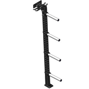 Illustration of the ATX® Wall-Mounted Weight Plate Tree in black metal, featuring four silver horizontal pegs for gym plates. The vertical structure includes adjustable mounting holes and a stable base.