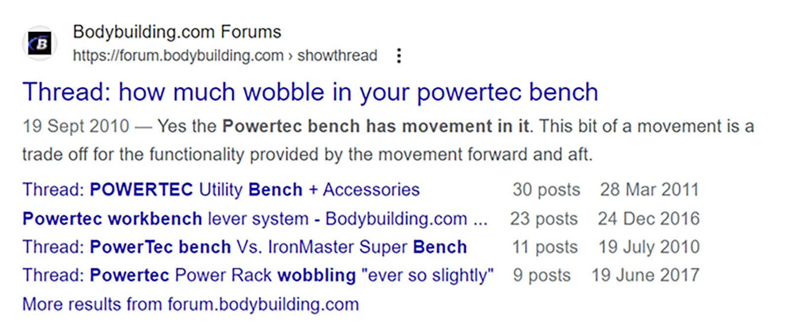 Screenshot of search results from Bodybuilding.com Forums discussing the wobble in an ATX® Warrior Bench 2.0. Various threads are listed with titles and post counts, such as ATX® Utility Bench + Accessories and ATX workbench lever system.