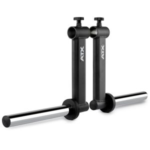A pair of black and silver ATX weight plate holders with adjustable screws. The holders are designed for gym equipment, featuring cylindrical rods for holding weights, and vertical tubes with branded logos.