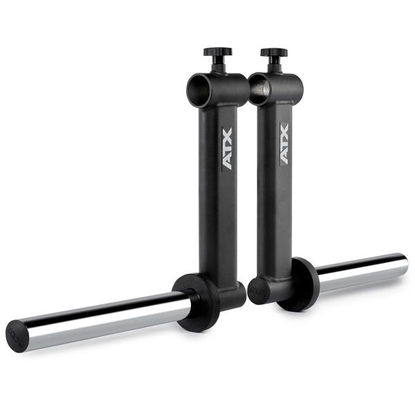 A pair of black and silver ATX weight plate holders with adjustable screws. The holders are designed for gym equipment, featuring cylindrical rods for holding weights, and vertical tubes with branded logos.
