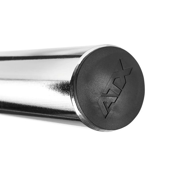 Close-up of a shiny chrome barbell end cap with a black circular end featuring an embossed logo of three overlapping triangles. The surface is polished and reflective against a plain white background.