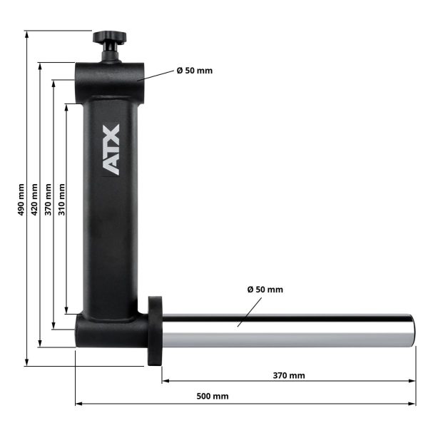 An adjustable black and silver metal bracket with dimensions, labeled ATX. The upright section is 310 mm with divisions totaling 490 mm, and the horizontal section is 500 mm with a 50 mm diameter.