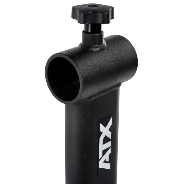 Close-up of a black metal ATX logo handle with a cylindrical opening at the top and a screw knob above it against a white background.
