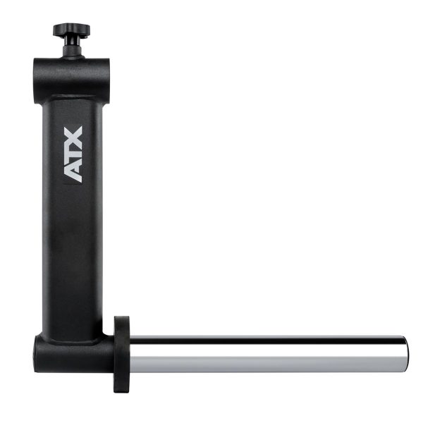 An L-shaped ATX landmine attachment with a black vertical post and a metallic horizontal sleeve for holding a barbell. The vertical part has an adjustable knob on top.