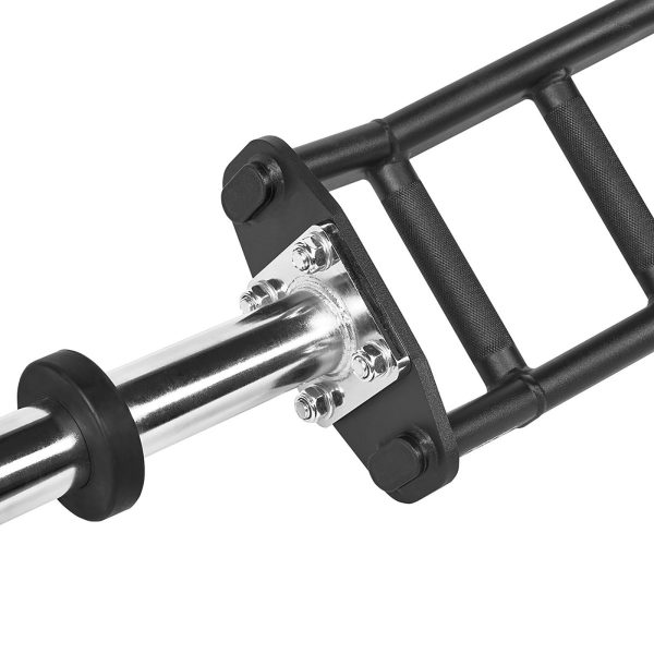 Close-up image of a hex trap barbell, featuring a shiny metal shaft attached to a black frame with hexagonal grips and bolts. The bar is designed for weightlifting, commonly used for exercises like deadlifts and shrugs.