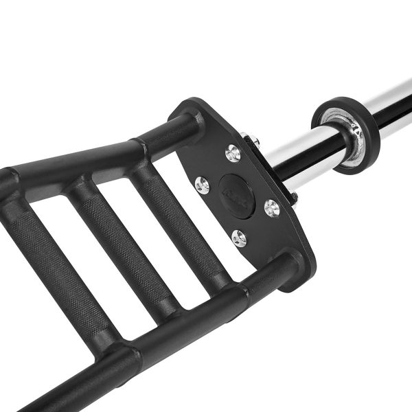 Close-up of a black, shiny multi-grip attachment for a barbell, designed for versatile weightlifting exercises. Featuring several parallel handles and resembling a cambered Swiss bar, this metallic accessory offers varied grips for an enhanced workout experience.