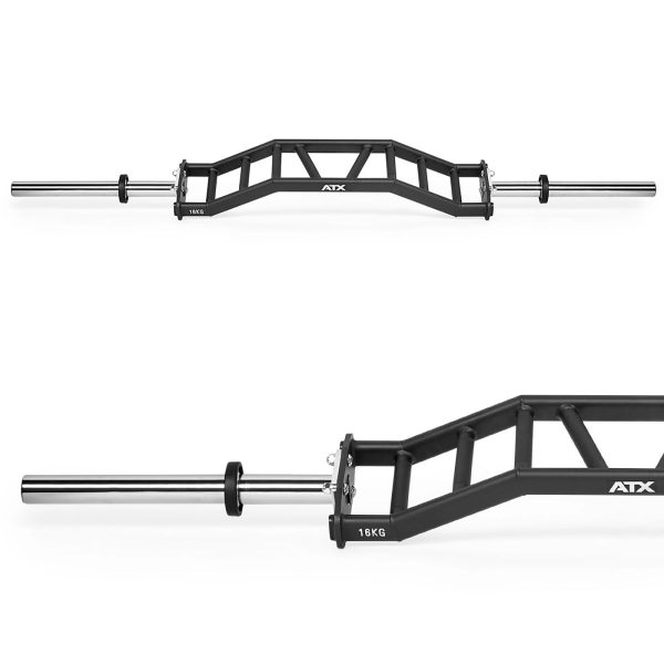 Two views of a metal hex trap bar for weightlifting, paired with a sleek cambered swiss bar. The black frame boasts silver handles and sleeves. The brand ATX is prominently displayed, and the weight 18KG is clearly marked on the frame.