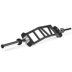 A black and silver hex bar with multiple grip options is displayed on a white background. This versatile piece of equipment resembles a cambered Swiss bar, featuring rotating handles for various lifting positions.