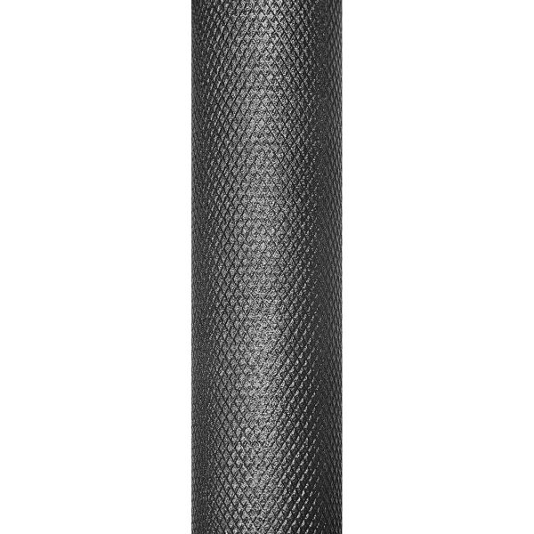 Close-up image of a textured black foam roller with a diamond pattern surface, reminiscent of the grip on a cambered Swiss bar. The roller is vertically aligned against a plain white background.