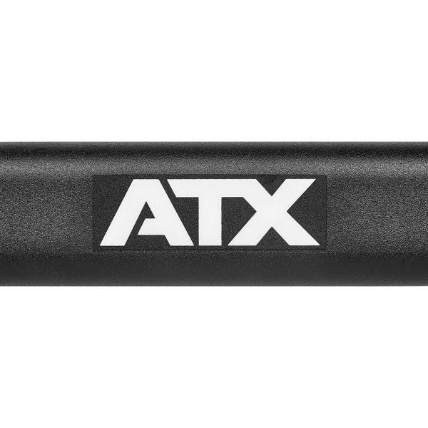 Close-up image of a cambered Swiss barbell with the brand name ATX in bold white letters on a black background. The barbell has a textured, matte finish.