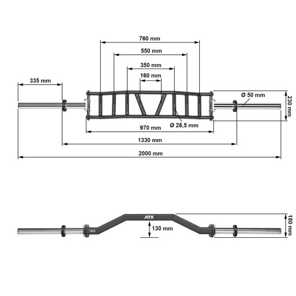 Diagram of two gym barbells with detailed measurements. The top barbell, a cambered Swiss bar, features multiple grip positions and dimensions labeled. The bottom barbell is a bent style with its dimensions noted, including lengths and diameters.