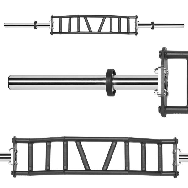 Image of a rectangular steel specialty barbell, reminiscent of a cambered Swiss bar, featuring a variety of grips. The barbell boasts a distinct open frame design with multiple handle options for versatile workouts.